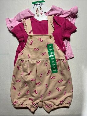 Baby Girls 18M Pink Floral Overall Romper Shorts Set - Pink & Light Pink
